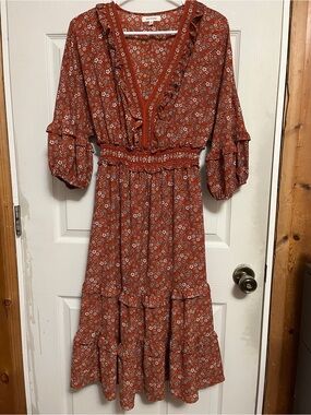 Max Studio Rust Floral Tiered Midi Dress